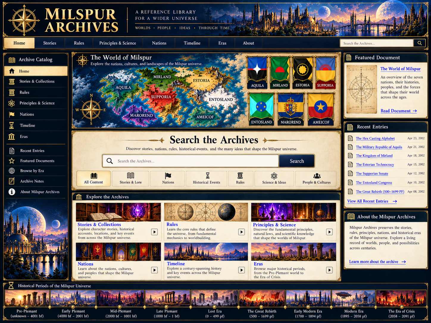 AI-assisted visual mockup of a proposed Milspur Archives website
