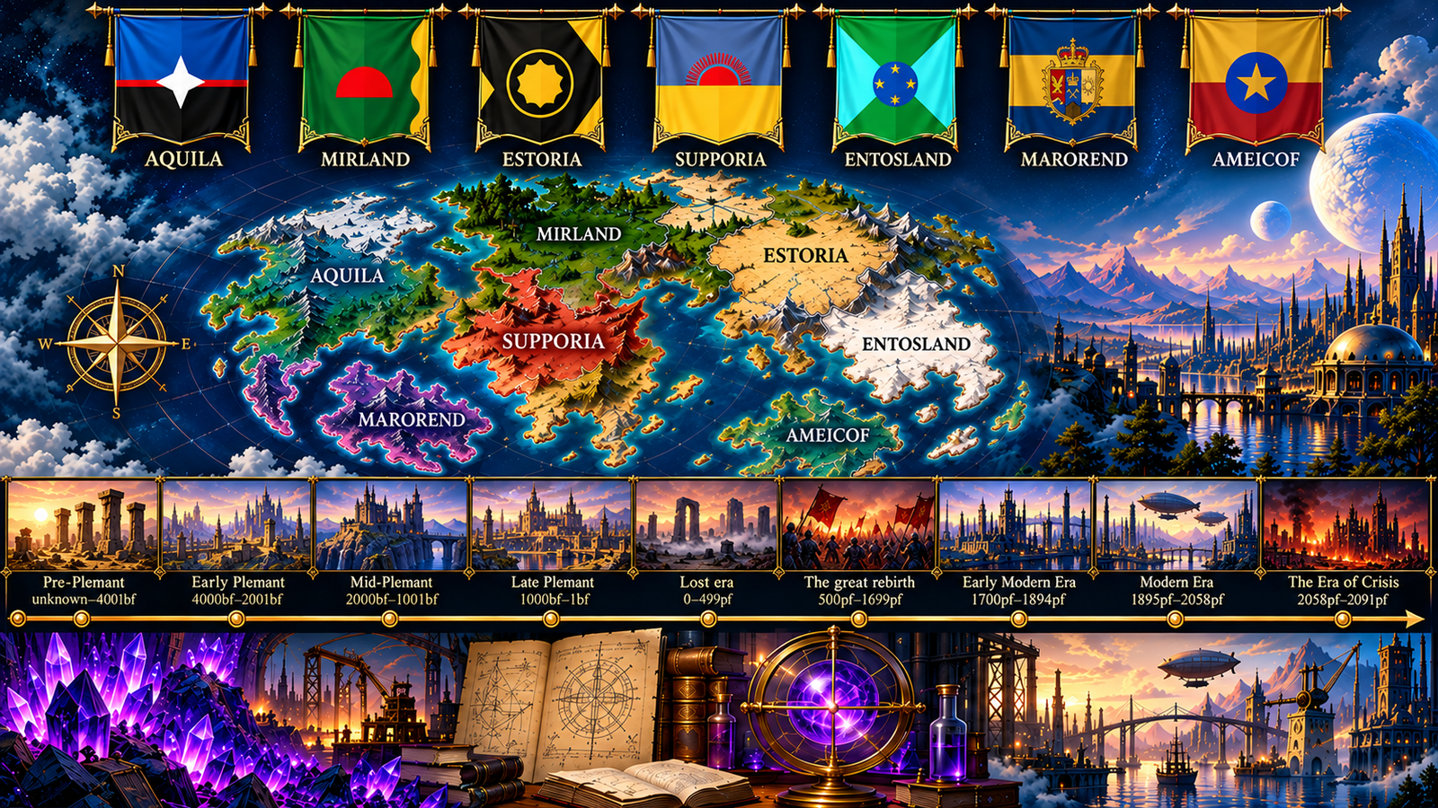 AI-assisted illustrative world outline with fictional nations and eras