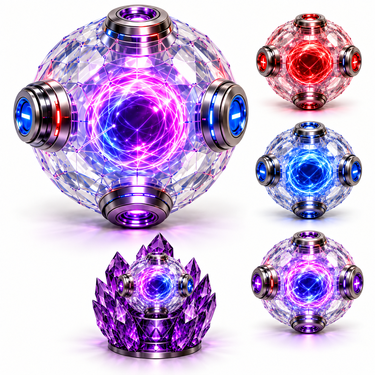 Concept illustration of a faceted Milspur toy particle, three colored state variants, and an Amethyst cradle